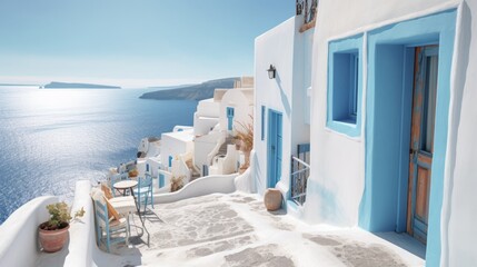 Illustration of a charming white building with a vibrant blue door and window in Santorini - Greek Islands,  created with Generative AI technology