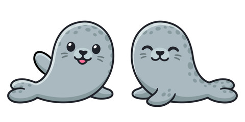 Cute cartoon grey seals. Kawaii grey spotted harbor seal character