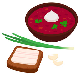 Borscht with salo, Ukrainian food illustration