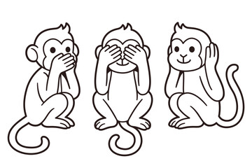 Three wise monkeys line drawing. See no evil, Hear no evil, Speak no evil.