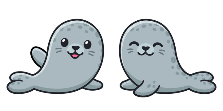 Cute cartoon grey seals. Kawaii grey spotted harbor seal character