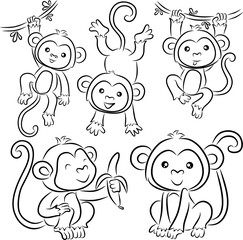 Monkey line art for coloring book page