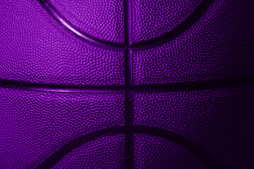 Closeup detail of purple basketball ball texture background. Horizontal sport theme poster,...