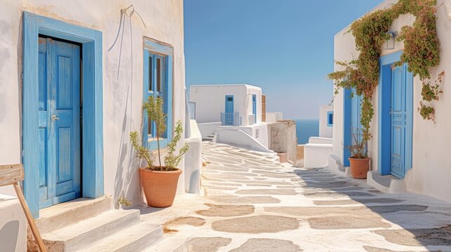 Illustration of a charming white building with a vibrant blue door and window in Santorini - Greek Islands,  created with Generative AI technology