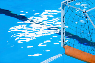 Water polo gates on water in the swimming pool. Horizontal sport theme poster, greeting cards, headers, website and app