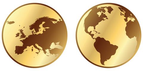 Gold europe and world map in coin for business card and web, vector line