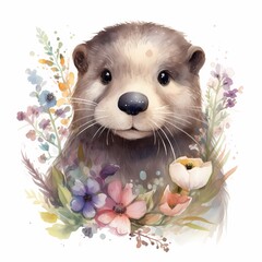 illustration, marmot, cute mammal, drawing with flowers - obrazy, fototapety, plakaty