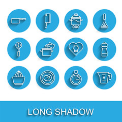 Set line Citrus fruit juicer, Scrambled eggs, Saucepan, Stopwatch, Measuring cup, Cooking pot, Pepper and Chef hat icon. Vector