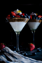 Vegan fresh fruit parfait made with aquafaba, the plant-based substitute for egg whites and dairy made by whipping chick pea pot liquor.