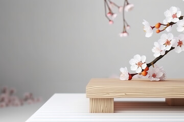 An empty podium decorated with fresh natural cherry blossoms on a pale pink background, perfect for beauty product promotion, generative AI