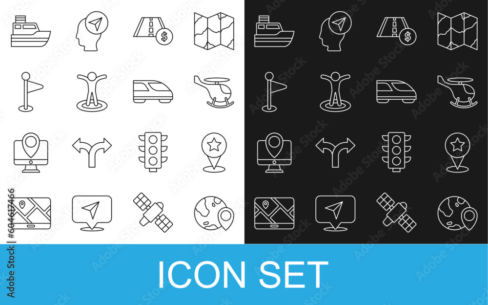 Poster set line location on the globe, map pointer with star, helicopter, toll road traffic sign, person, m