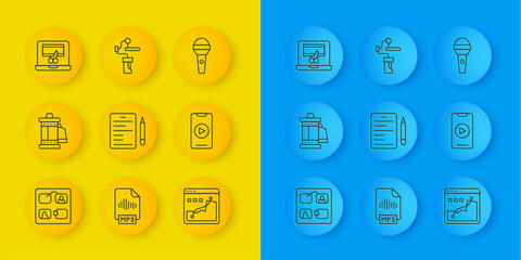 Set line Storyboard, Camera roll cartridge, Scenario, Histogram graph photography, Online play video, Video recorder on laptop, Microphone and Gimbal stabilizer for camera icon. Vector