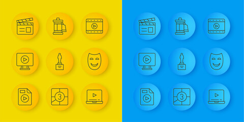 Set line AVI file document, Online play video, Movie trophy, Comedy theatrical mask, clapper, Play Video and Camera roll cartridge icon. Vector