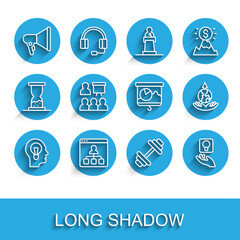 Set line Human with lamp bulb, Online education, Megaphone, Dumbbell, Light, Training, presentation, World expansion and Chalkboard chart icon. Vector