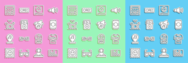 Set line Music equalizer, T-shirt, Beer can, player, Drums, machine and Speaker volume icon. Vector