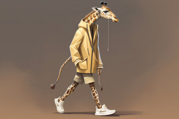 African giraffe wearing a yellow jacket and white sneakers, standing out with its fashionable sense. AI Generative