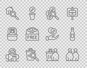 Set line Homeless cardboard house, Garbage bag, Search for money, Searching food, Donation, Trash can and Bottle of water icon. Vector