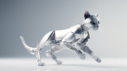 A cat made out of silver metal with a robotic body on a white surface. Generative AI.