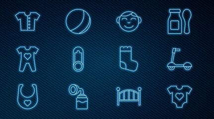 Set line Baby clothes, Roller scooter, Little boy head, pin, t-shirt, socks and Beach ball icon. Vector