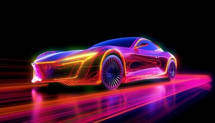 Obraz na płótnie Canvas Concept of Futuristic Luxury Sport Car in Neon Glitch Lights Generative AI