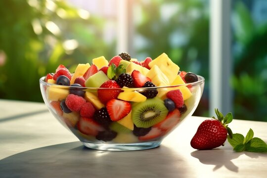 Fruits Salad in Glass Bowl Generative AI