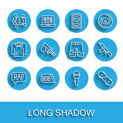 Set line Rap music, Drum machine, Stacks paper money cash, Microphone, Skateboard, Bloody knife, Submachine gun and Wide pants icon. Vector