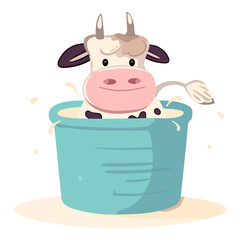 cartoon illustration of a cow in a bucket of milk