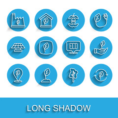Fototapeta premium Set line Location with leaf, Sprout, Plant recycling garbage, Tree, Recycle symbol, Leaf Eco, hand and icon. Vector