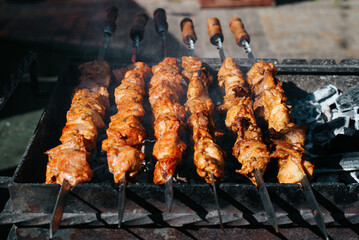 Meat is fried on sticks on coals, barbecue at a food festival in an open air