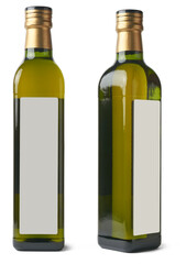 set of olive oil glass bottle with blank label isolated, popular oil derived from olives, used around the world and mediterranean cuisine, mock-up template in different angles