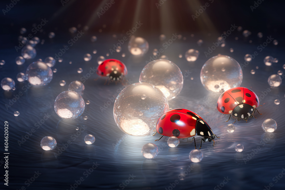 Poster a group of ladybugs sitting on top of bubbles. generative ai.