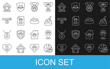 Set line World pet, Location veterinary hospital, Cat litter tray with shovel, Pet award symbol, Medical clinical record, Collar name tag, Dog house and food bowl for dog icon. Vector
