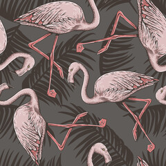 Exotic bird, pink flamingo, palm leaves, jungle leaf, tropical vector seamless floral pattern background. Decorative bright color illustration wallpaper