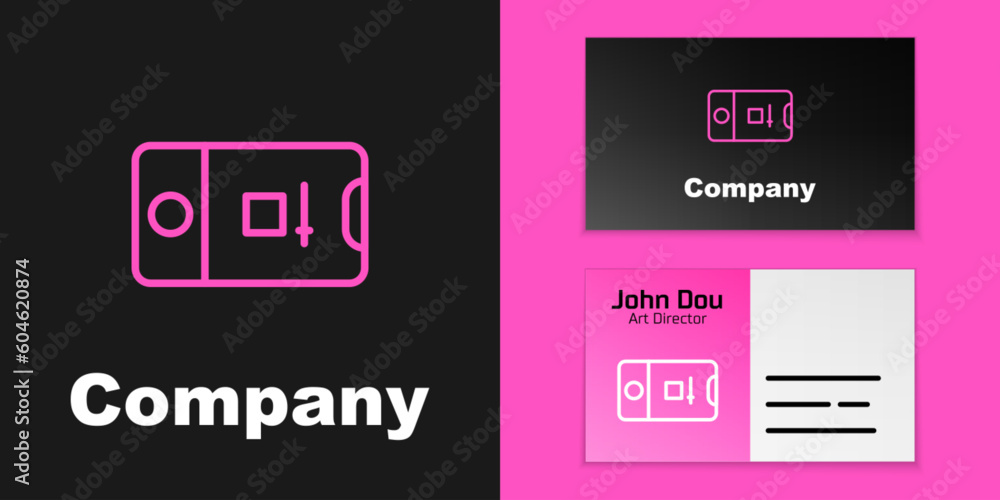 Poster pink line mobile phone with record frame camera icon isolated on black background. mobile app applic