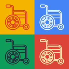 Pop art line Wheelchair for disabled person icon isolated on color background. Vector