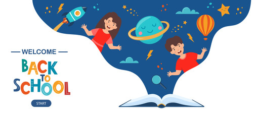 Open book and space elements. Planet, rocket, star, cloud, aerostat. Education concept for kids. Knowledge, creativity, discoveries. Design for educational motivational banner. Back to school. Vector.
