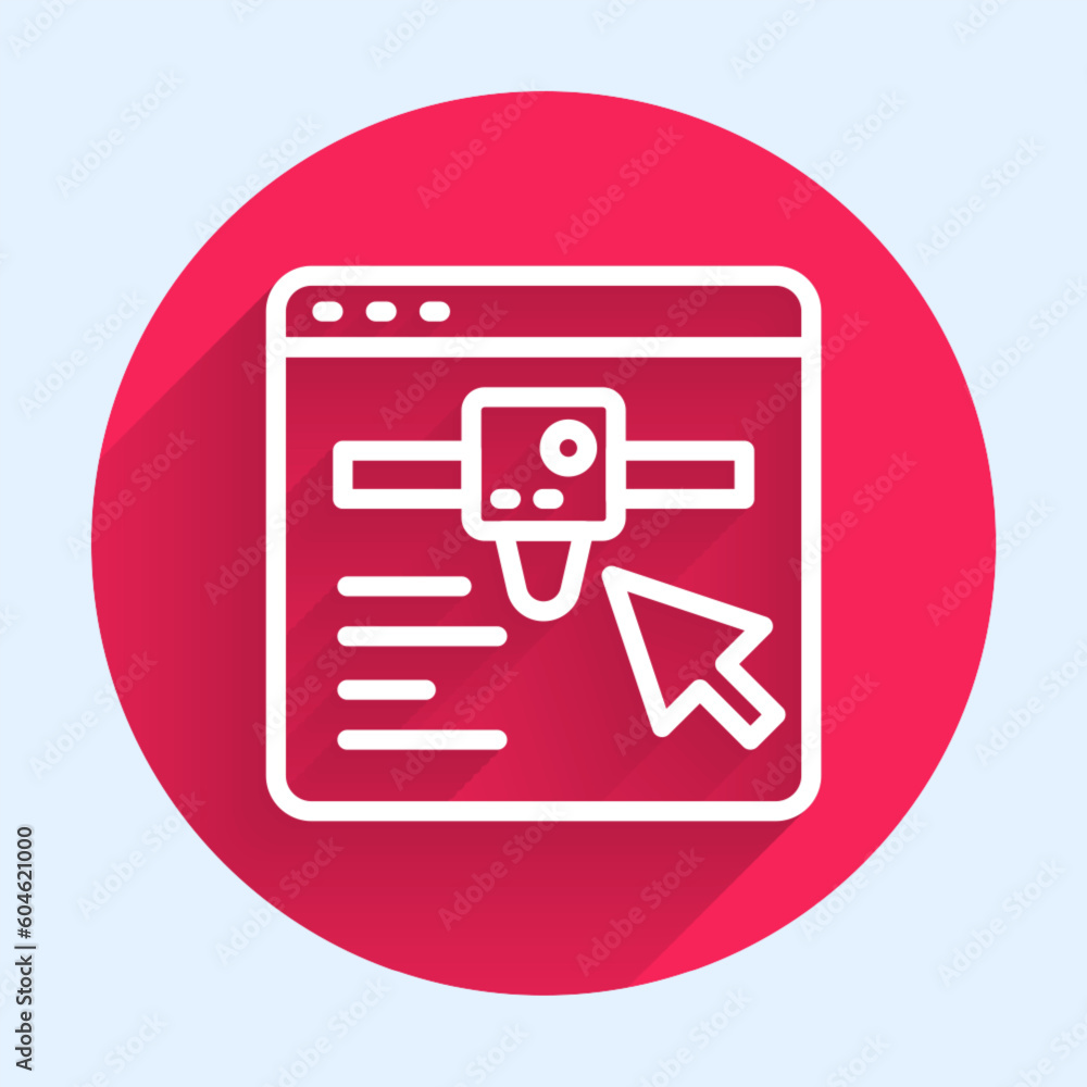 Poster white line 3d printer setting icon isolated with long shadow. 3d printing. red circle button. vector