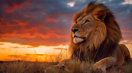 a majestic lion in the background, unusually large and powerful, sits gracefully in the...