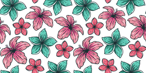 Hawaii flower seamless pattern. Nature tropical floral bud wallpaper for tiki bar. Exotic bloom or plant for hawaiian surf party - obrazy, fototapety, plakaty