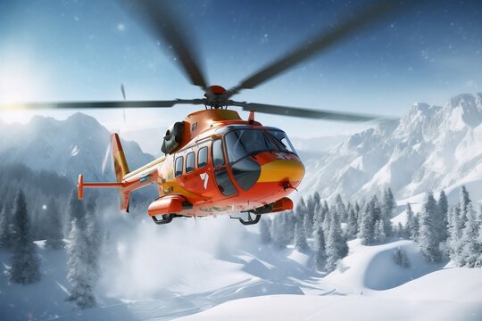 Rescue Helicopter in Snowy Winter Mountains Generative AI