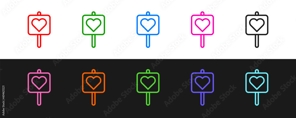 Poster set line map pointer with heart icon isolated on black and white background. valentines day. love lo