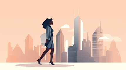 Fototapeta na wymiar A beautiful African-American business woman walks confidently against the backdrop of skyscrapers. Flat graphics illustration generative AI.
