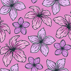 Hawaii flower seamless pattern. Nature tropical floral bud wallpaper for tiki bar. Exotic bloom or plant for hawaiian surf party