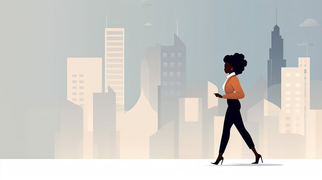 A beautiful African-American business woman walks confidently against the backdrop of skyscrapers. Flat graphics illustration generative AI.