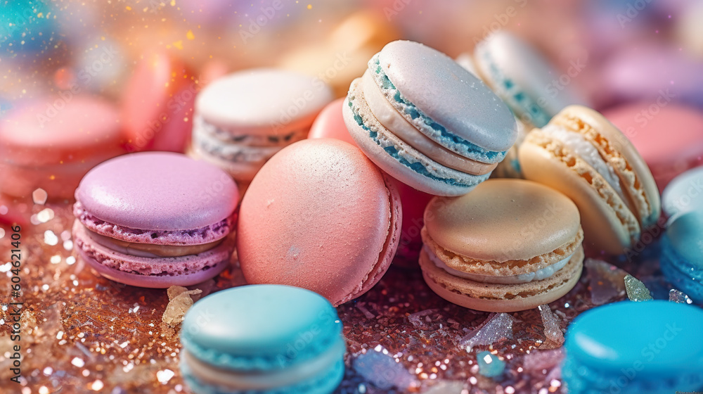 Poster a pile of macarons sitting on top of a table. generative ai.
