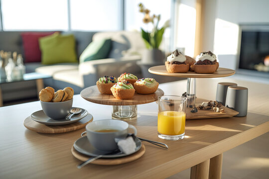modern tea table set with muffins and flowers