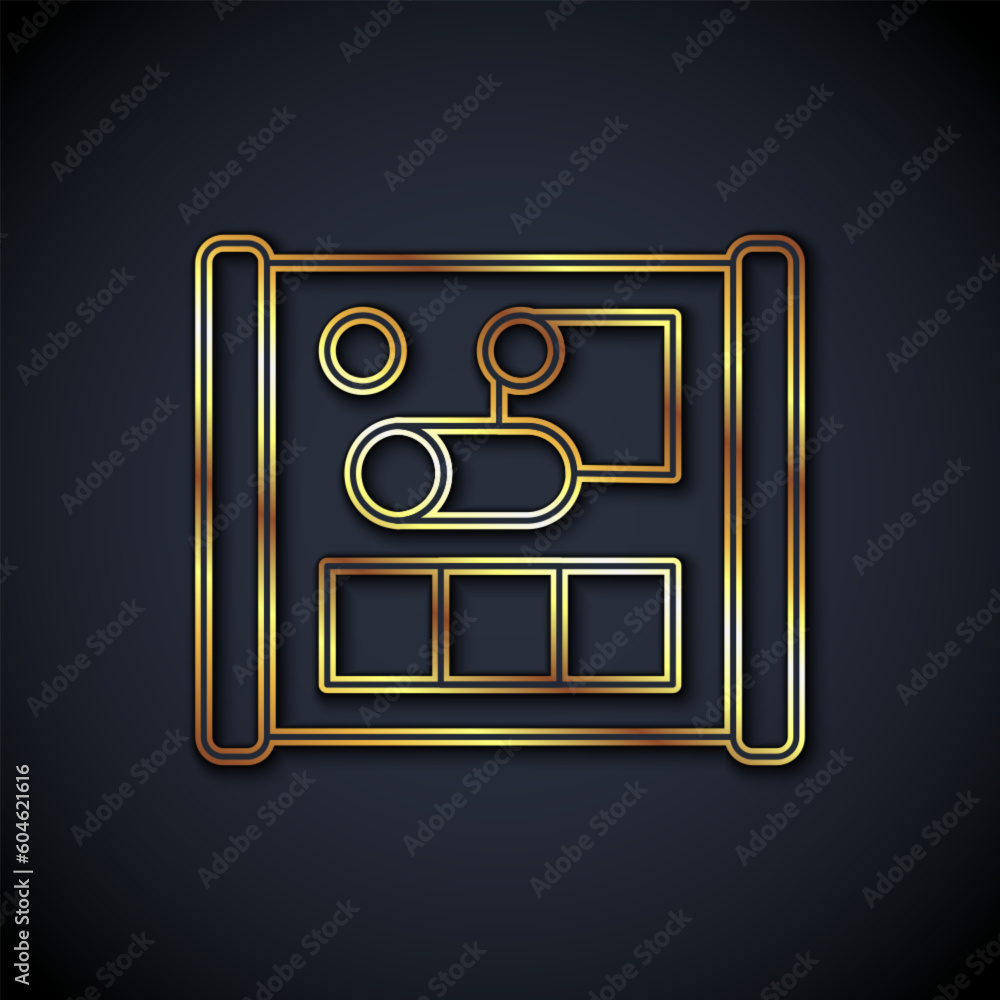 Poster gold line graphing paper for engineering icon isolated on black background. vector