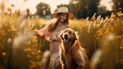 Happy young woman enjoying the Sunset with Her Faithful Golden Retriever in a Field of Blooming Flowers. Generative AI