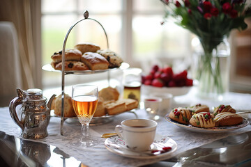 modern tea table set with bicuits flowers cake close the window - obrazy, fototapety, plakaty