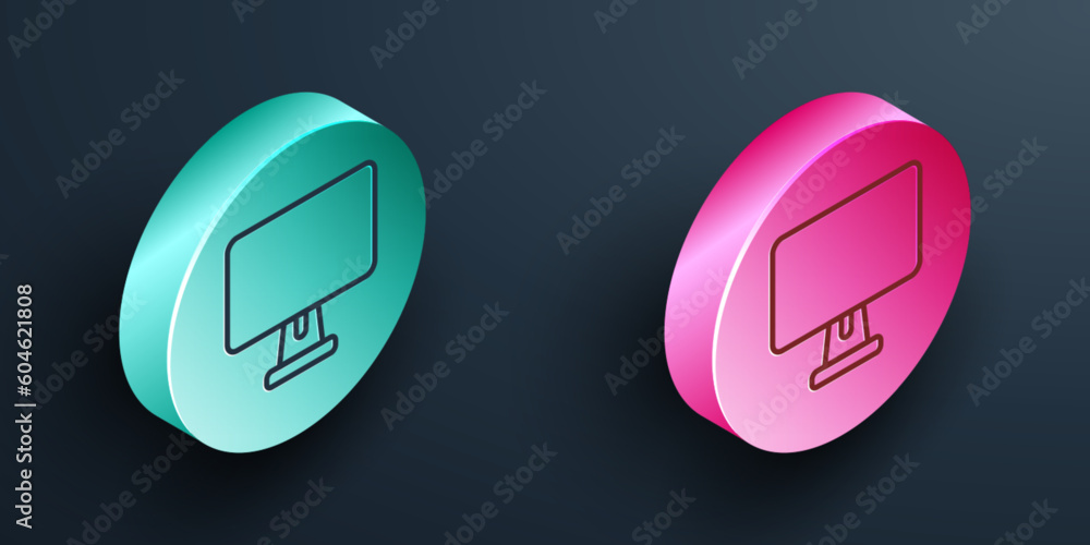 Poster isometric line computer monitor screen icon isolated on black background. electronic device. front v